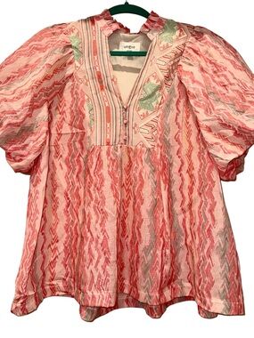 Coral/Mint Bohemian Print UMGEE Flowy Bubble Sleeve Blouse, EUC, Like New, SMALL